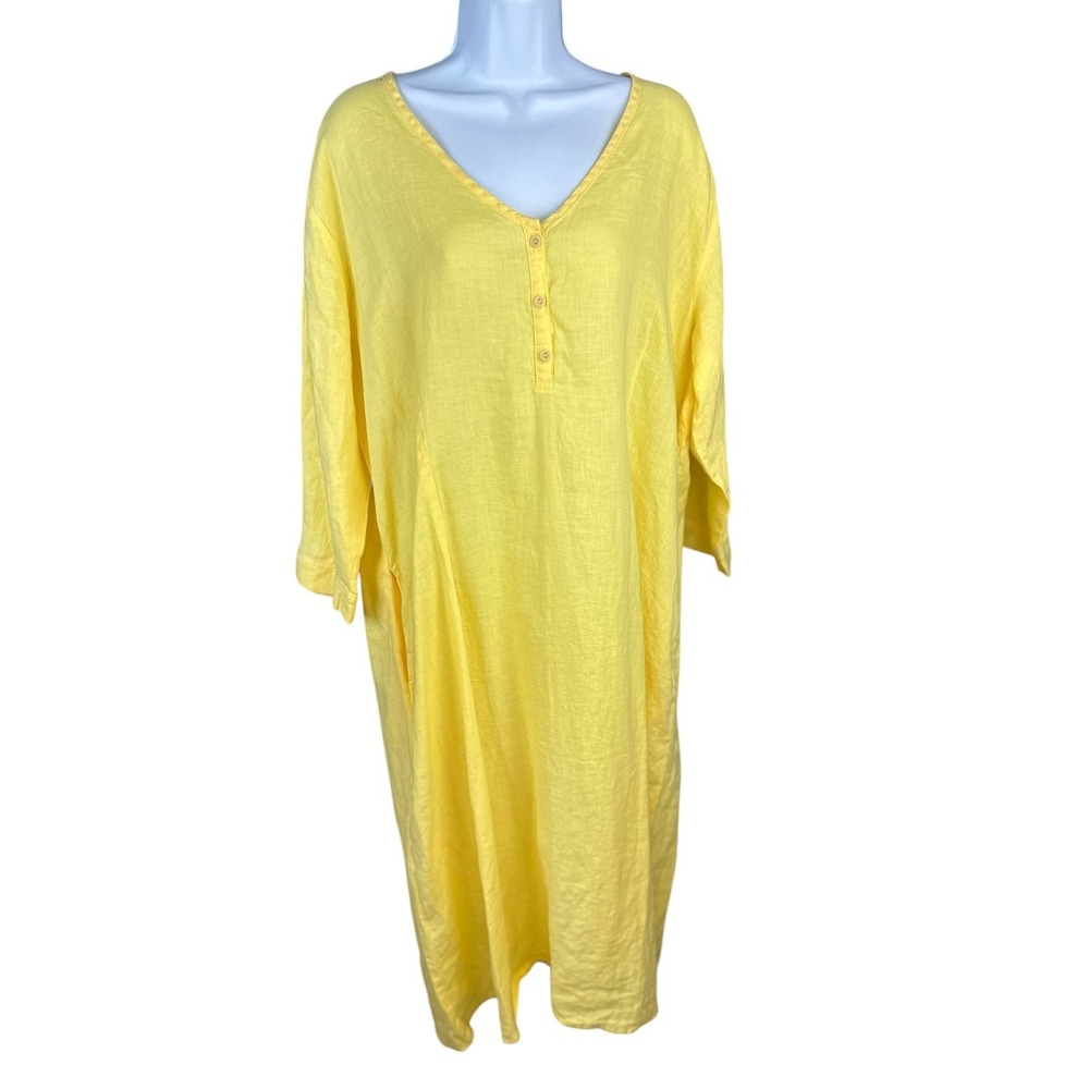 Flax NWOT Linen SZ LGE Yellow 3/4 Sleeve Henley Pockets Lagenlook midi dress